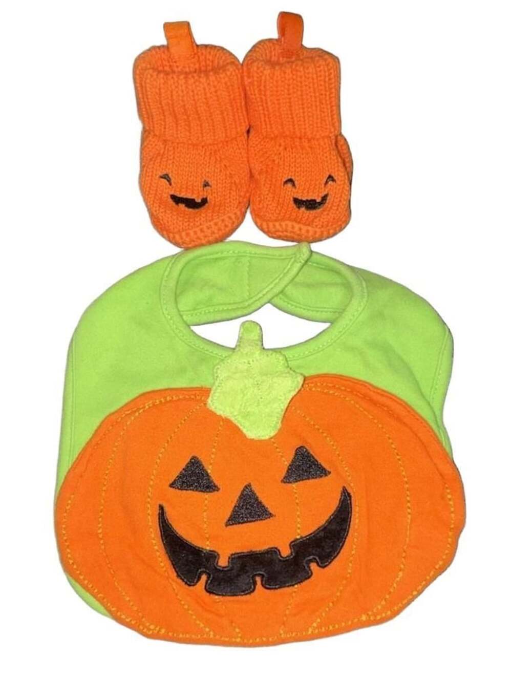 2pc Little Me Halloween Pumpkin Bib and Booties Set 0-3 Months Orange Green